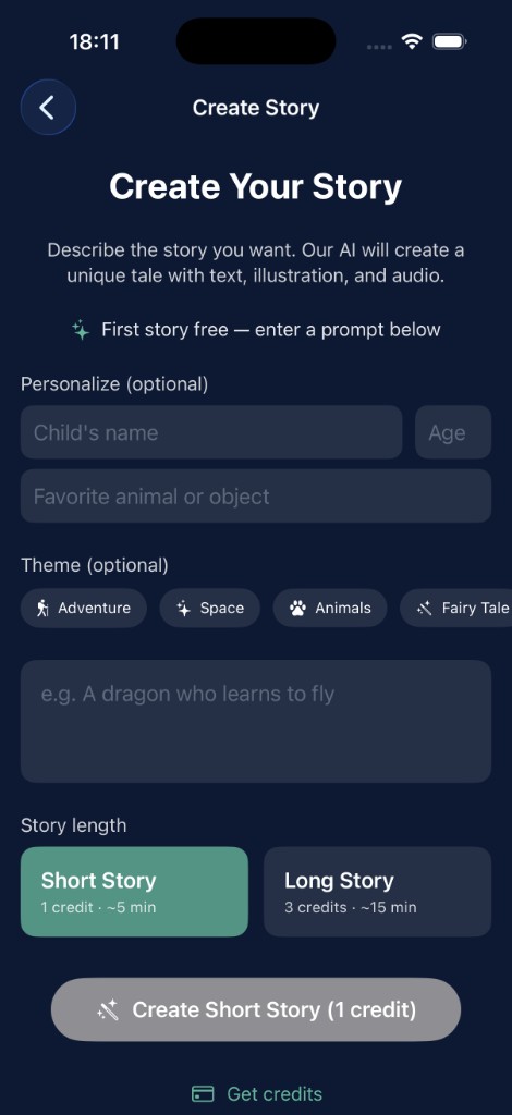 Dreamy Tales create story screen